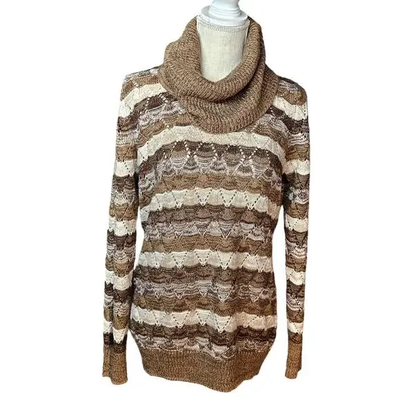 Kim Rogers Sweater Womens Brown Cream Stripe Cowl Neck Pullover Soft Sweater M - Picture 1 of 9